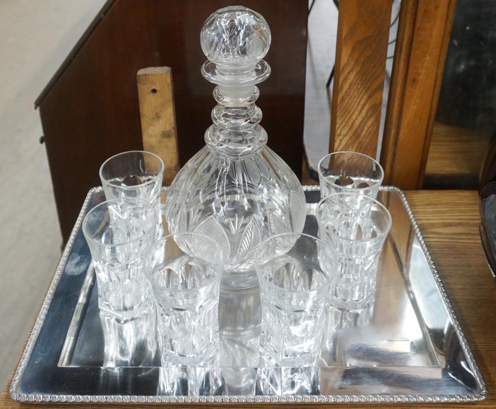 Appraisal: SIX BAR GLASSES AND A DECANTER WITH SILVER PLATE TRAYSix