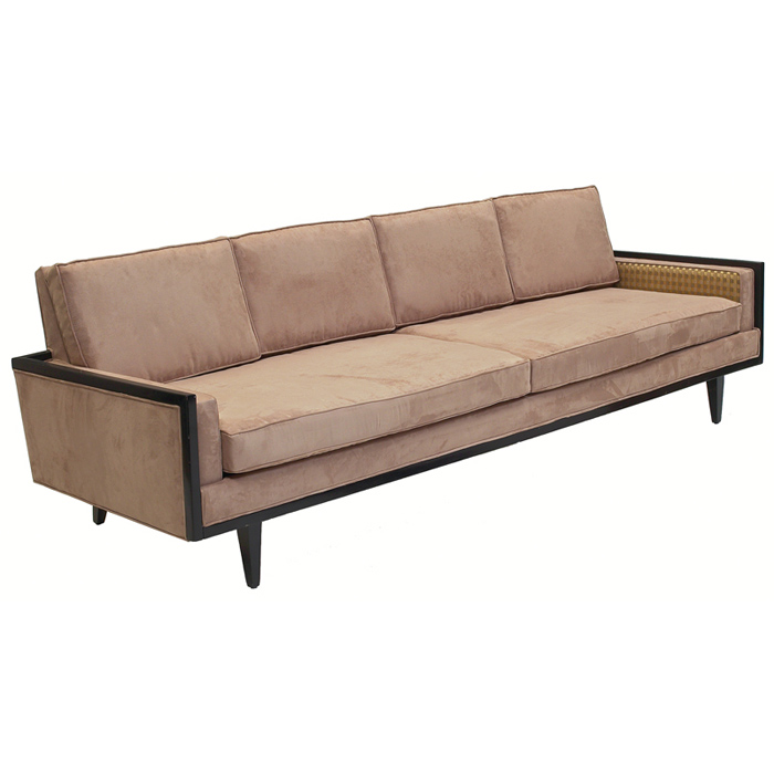 Appraisal: s Modern sofa maker unknown tan ultra suede with contrasting