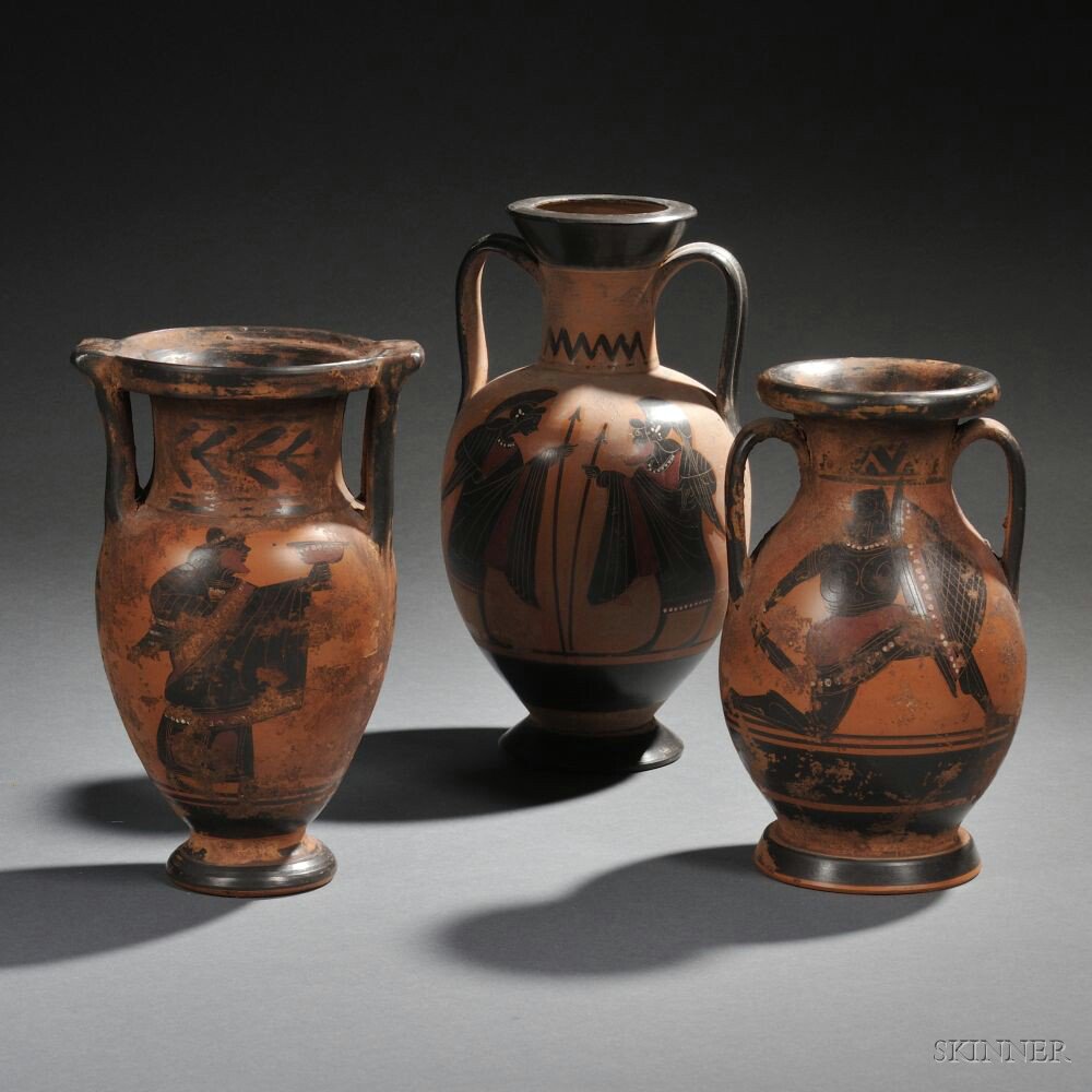 Appraisal: Three Grand Tour Black Figure Ceramic Vessels Italy mid- to