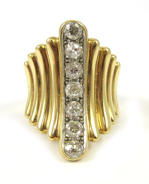 Appraisal: DIAMOND AND FOURTEEN KARAT GOLD RING set with seven Old