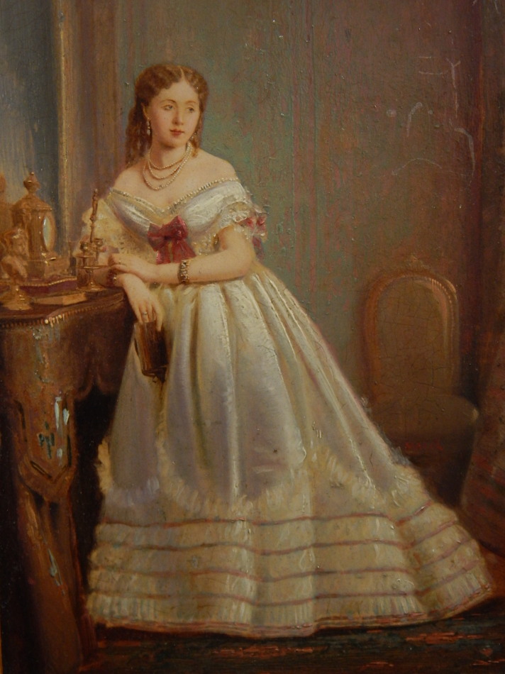 Appraisal: thC British School Young maiden in evening dress oil on