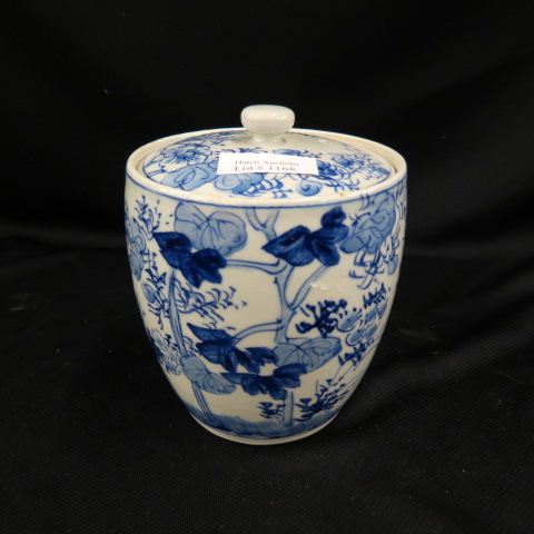 Appraisal: Oriental Blue White Porcelain Biscuit Jar foliage decor excellent