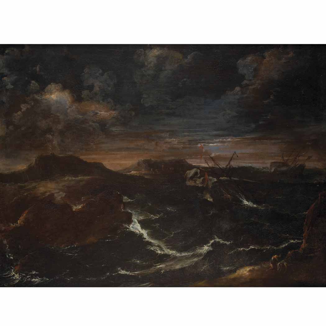 Appraisal: School of Salvator Rosa Stormy Seascape Oil on canvas x