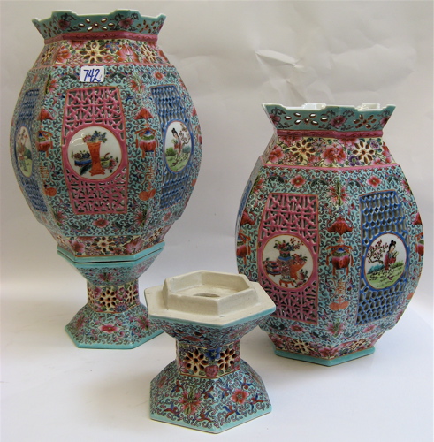 Appraisal: PAIR CHINESE PORCELAIN HURRICANE LAMPS hand enameled upper piece having