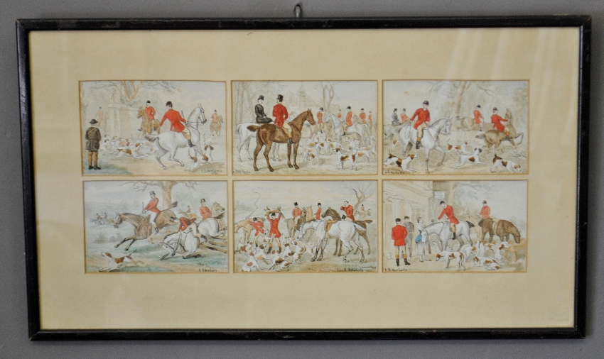 Appraisal: - Six framed small watercolor paintings of fox hunters and