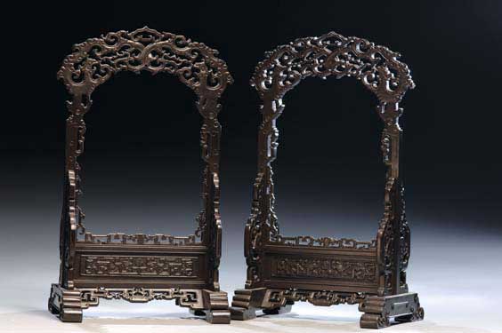 Appraisal: PAIR CARVED ZITAN FRAMES Pair of Chinese finely carved zitan