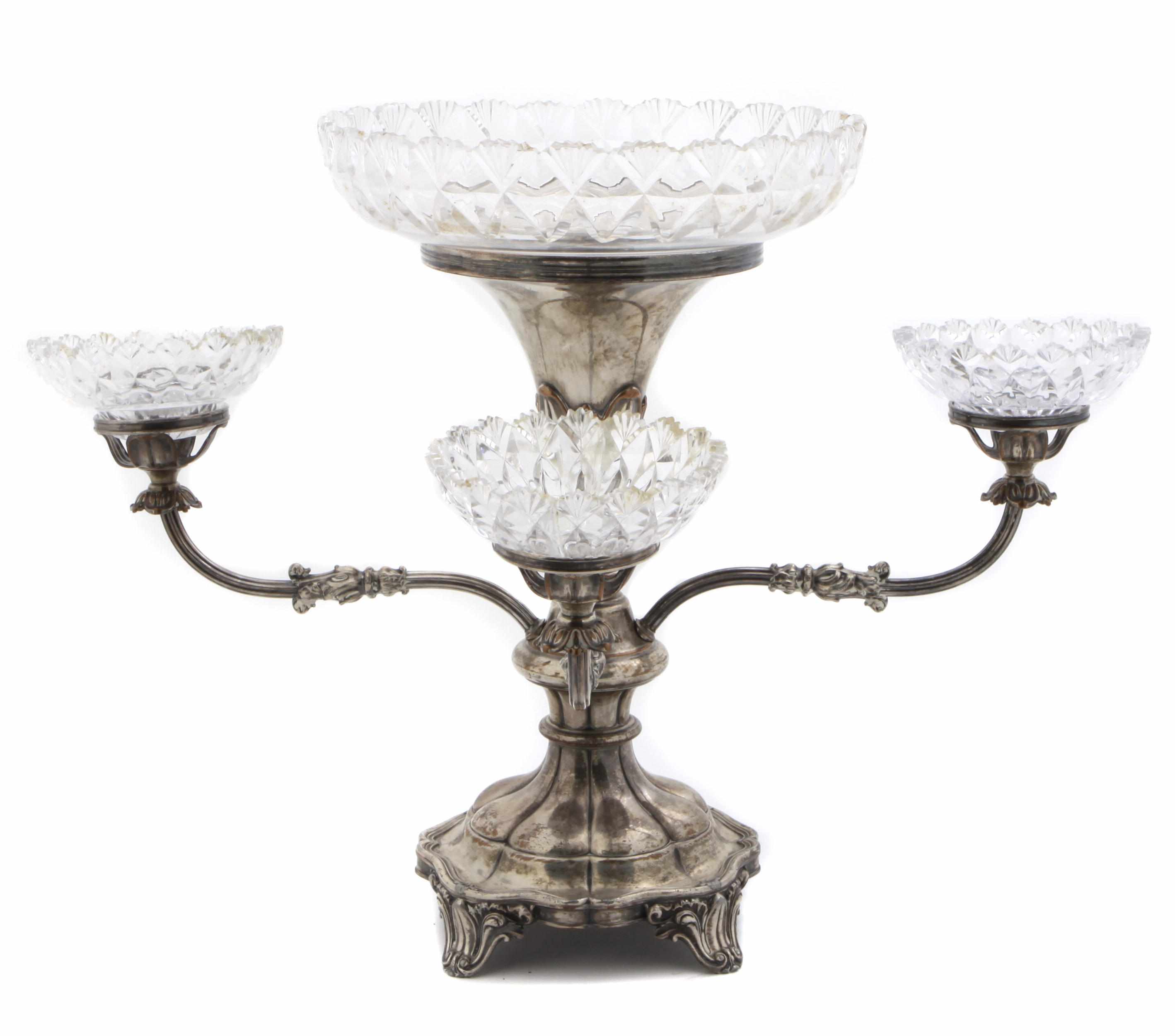 Appraisal: A Victorian silverplate and cut-glass epergne Late th centuryRepairs and