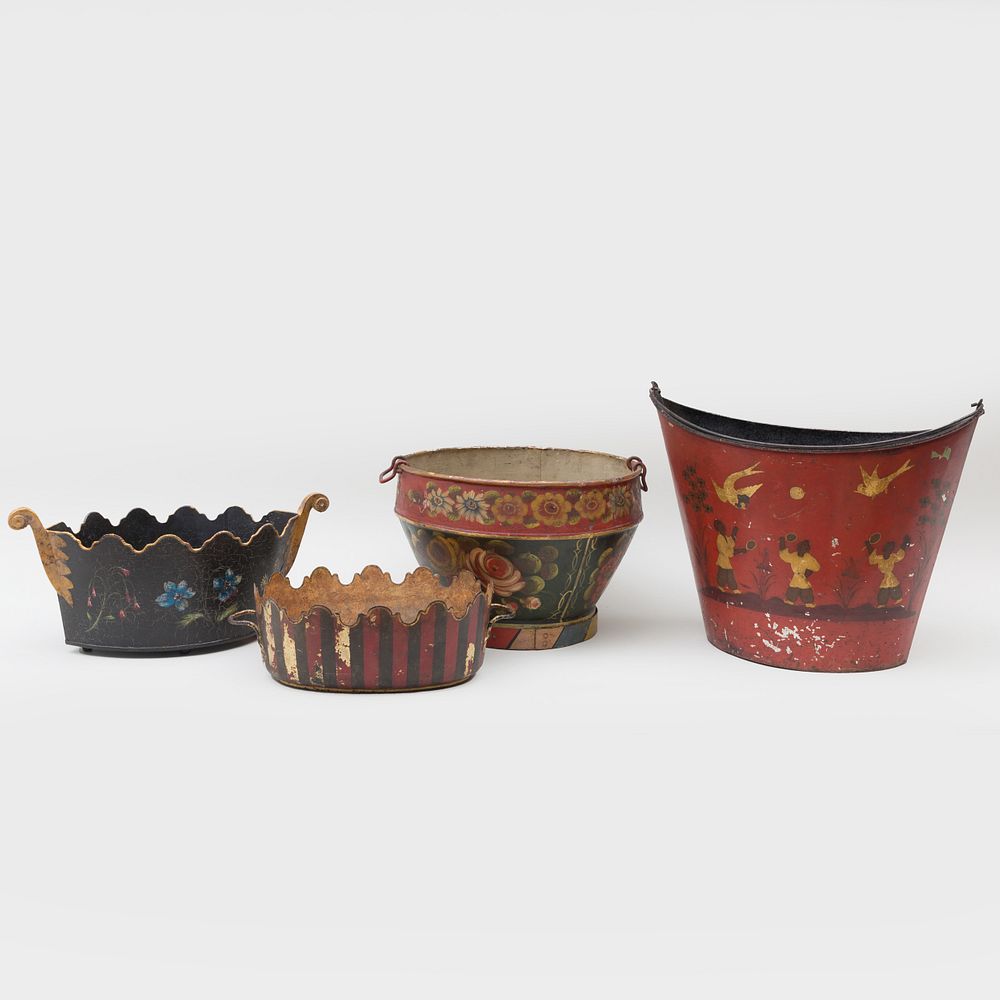 Appraisal: Group of Four Tole Peinte Vessels Comprising Three jardinieres Navette