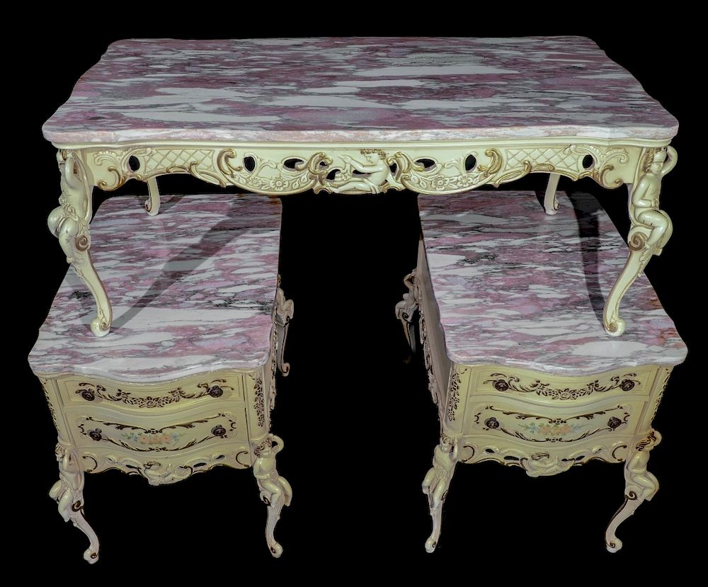 Appraisal: French Figural Cherub Marble Table Set Pair Of End Tables