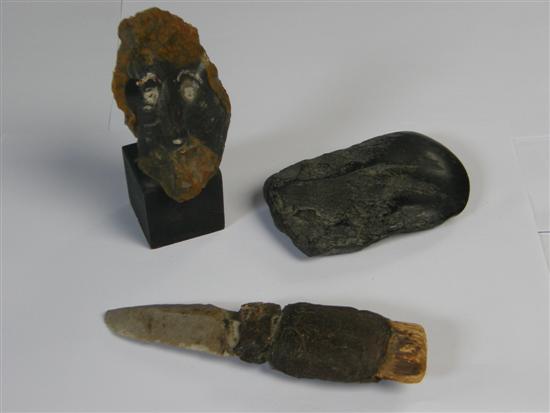 Appraisal: Two flint tools and a piece of flint mounted on