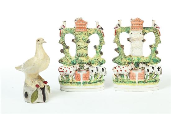 Appraisal: CHALK DOVE AND PAIR OF STAFFORDSHIRE CHIMNEY VASES American and