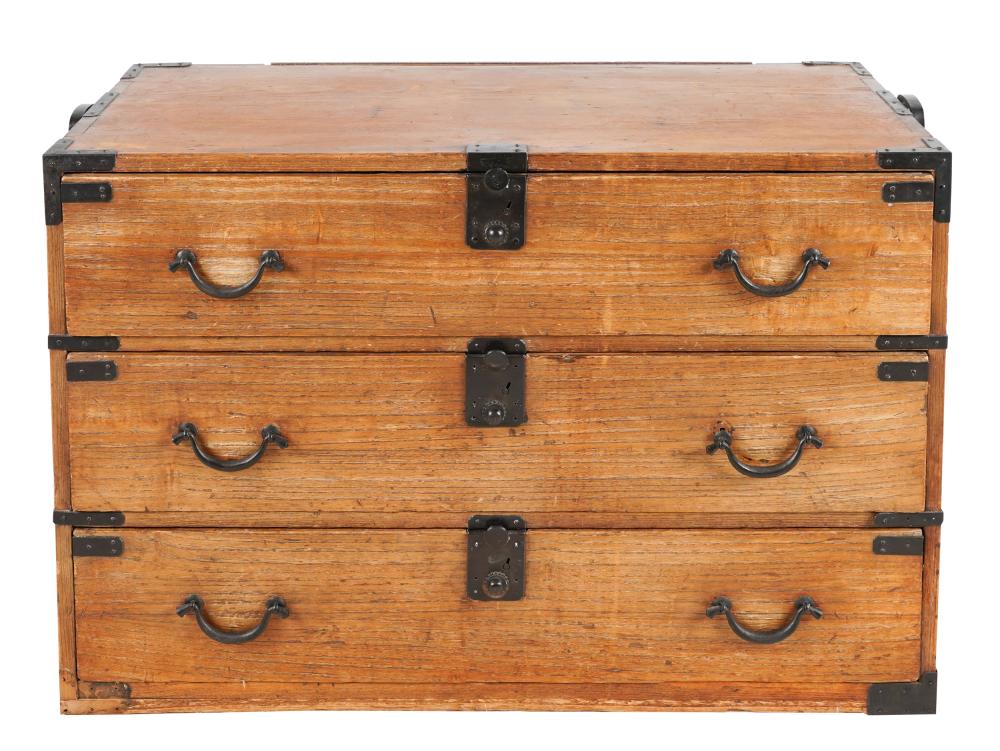 Appraisal: JAPANESE TANSU CHESTwith three drawers and iron mounts Condition fading