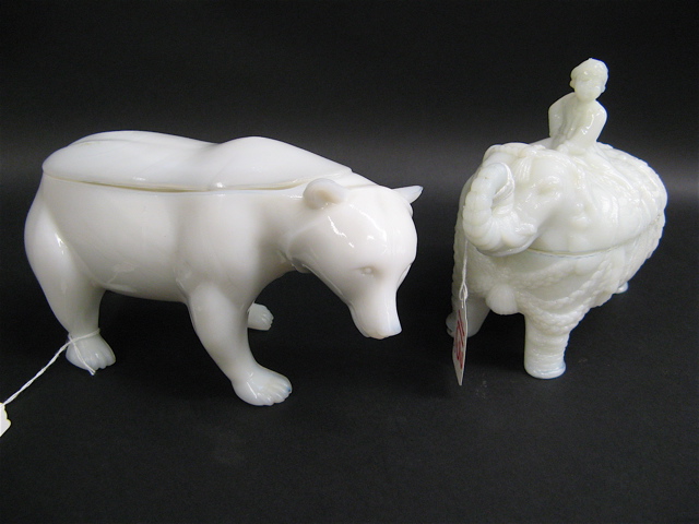 Appraisal: TWO FIGURAL WHITE MILK GLASS COVERED DISHES the Walking Bear