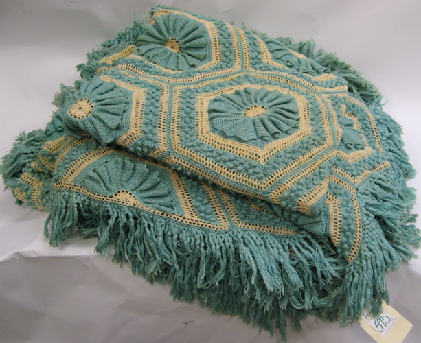 Appraisal: TWO HAND CROCHETED LACE BEDSPREADS aqua and ecru colors in