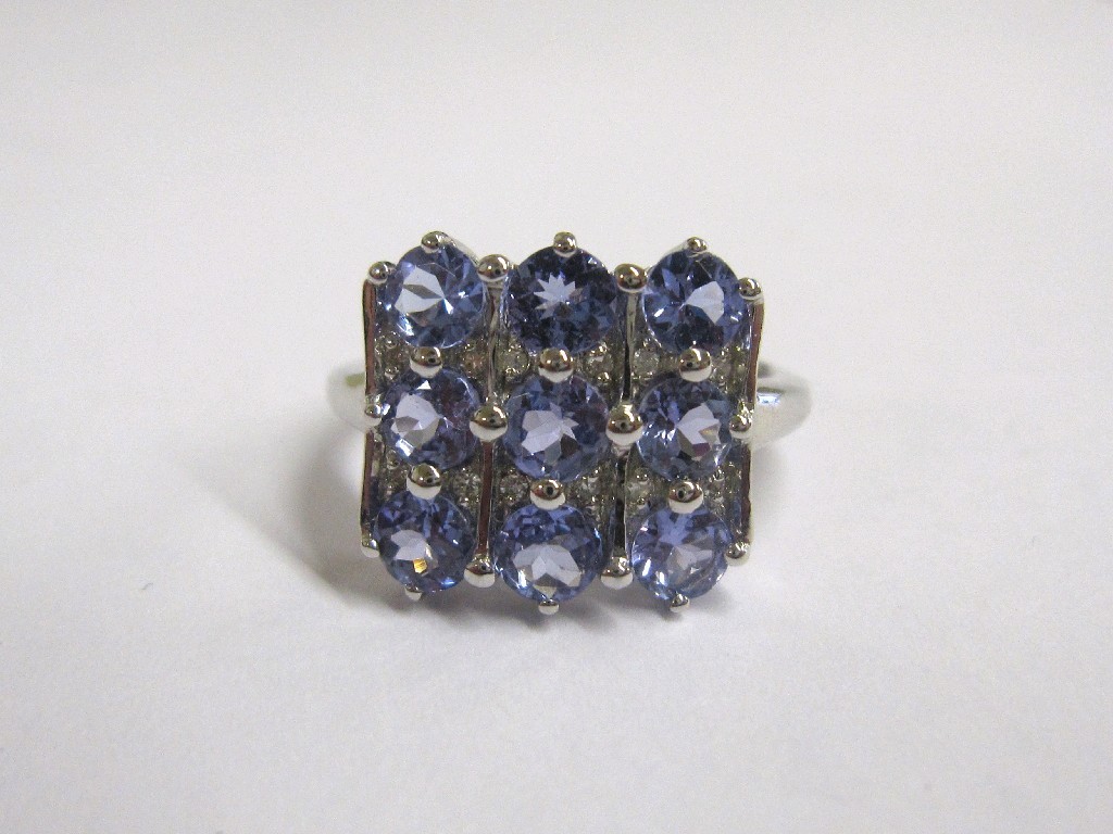 Appraisal: Nine carat white gold tanzanite and diamond cluster ring