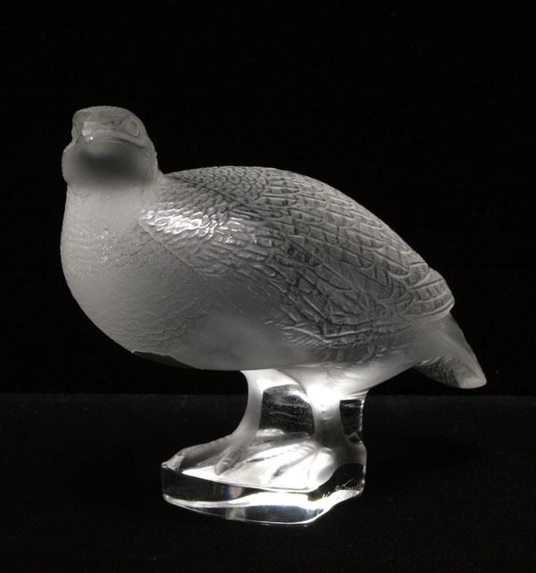 Appraisal: Lalique art glass quail clear and frosted body Engraved Lalique