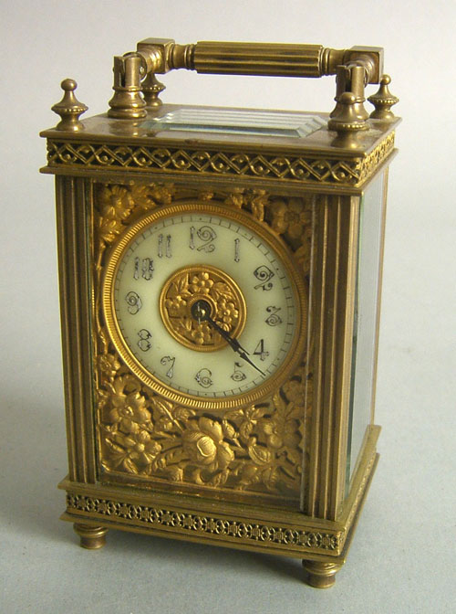 Appraisal: French brass time only carriage clock ca with ornate repousse