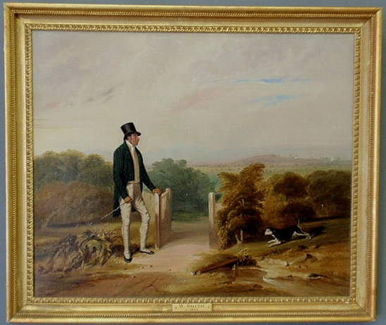 Appraisal: Continental oil on canvas country landscape painting with a top-hatted