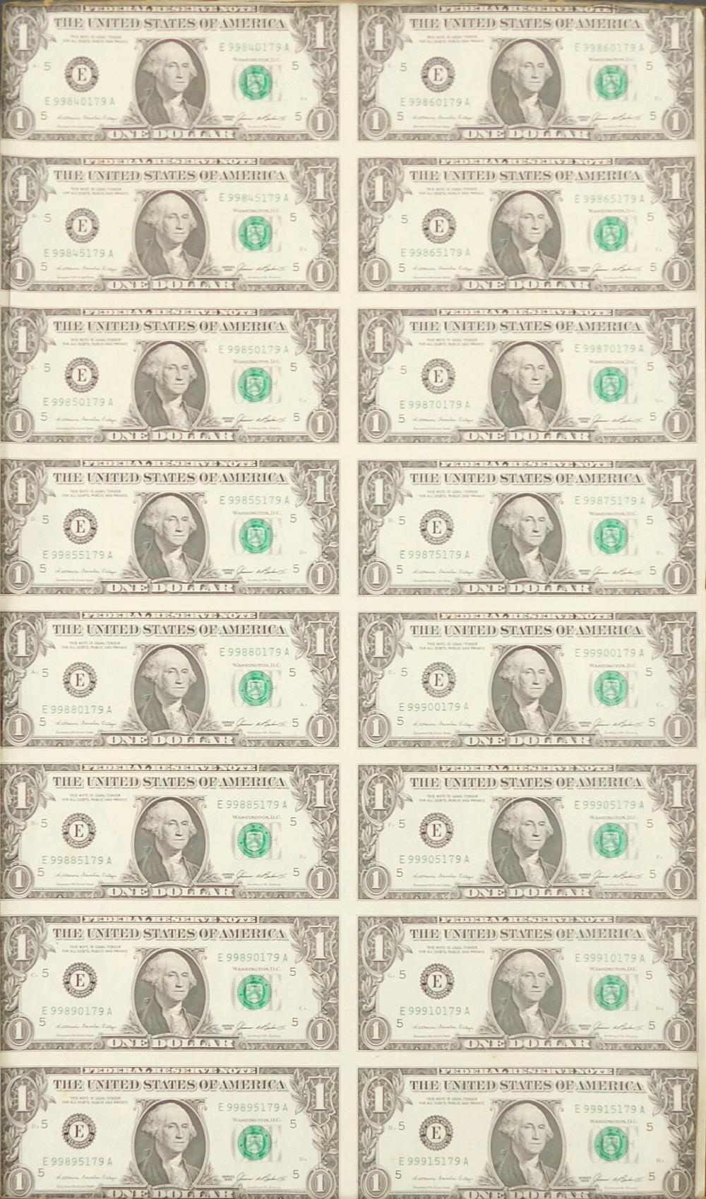 Appraisal: Series of one dollar uncut bills single sheet of sixteen