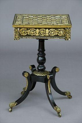 Appraisal: REGENCY BRASS-MOUNTED AND PENWORK GAMES TABLES The square top decorated