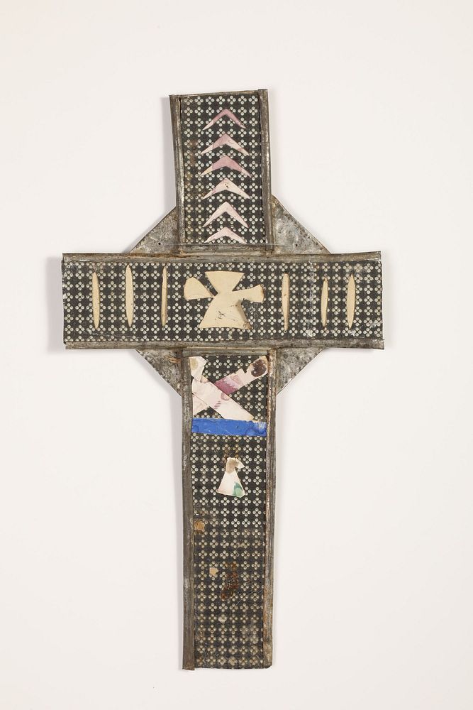 Appraisal: Tin Cross with Wool and Paper Decoupage ca New Mexico