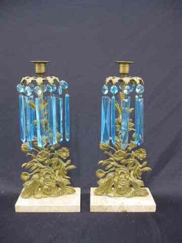 Appraisal: Pair of Victorian Girandole Candelabrawith blue cut crystal long prisms