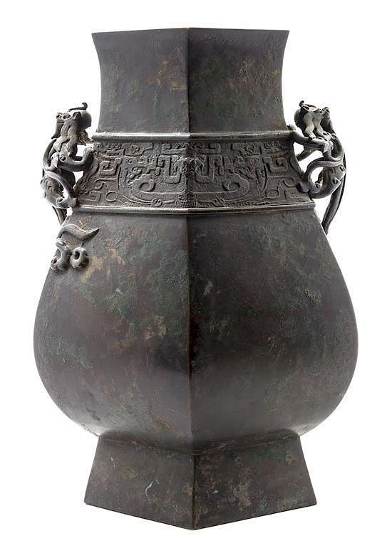 Appraisal: A Bronze Hexagonal Vase Height x width inches A Bronze