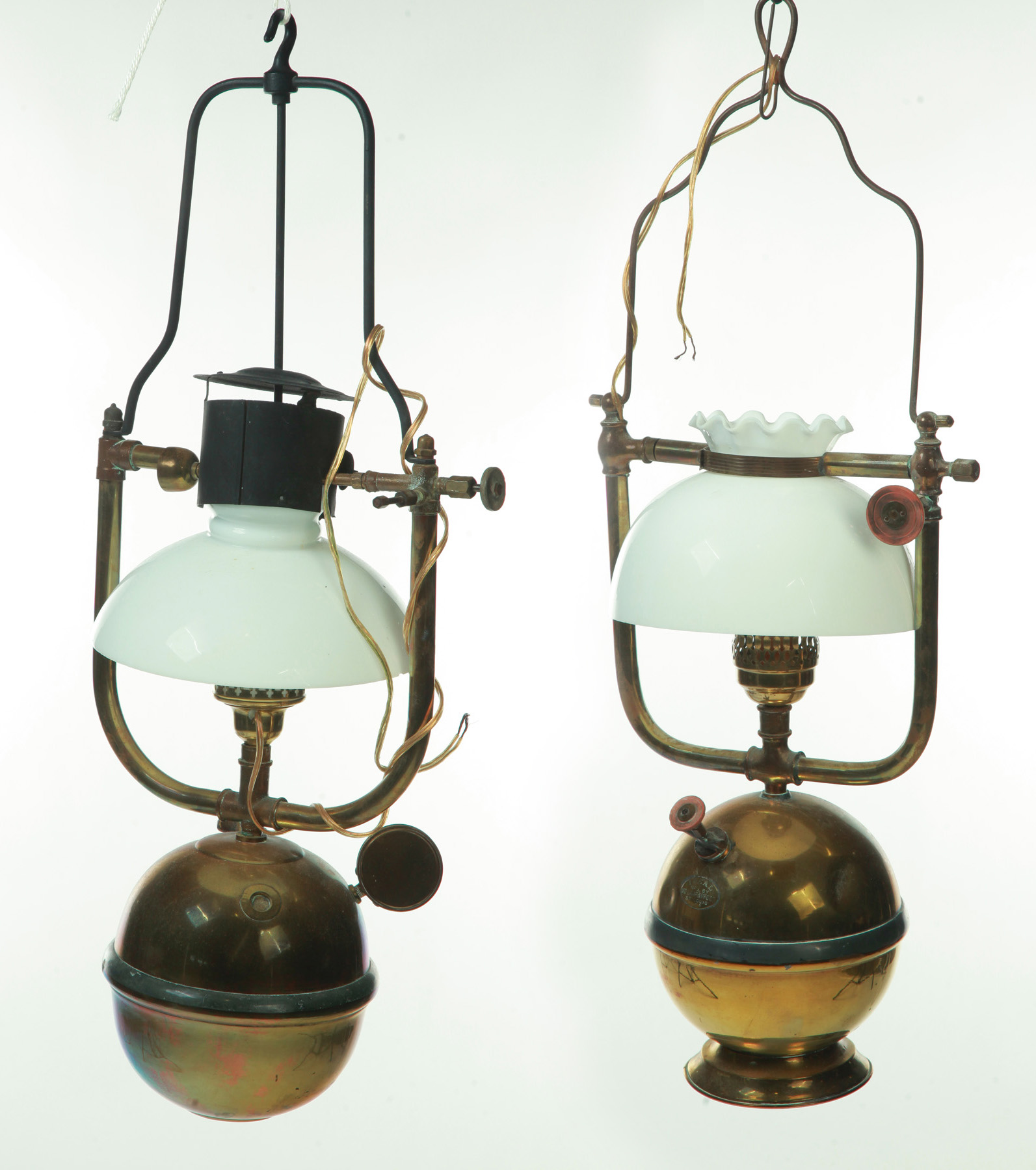 Appraisal: TWO HANGING GAS LAMPS WITH MILK GLASS SHADES American ca