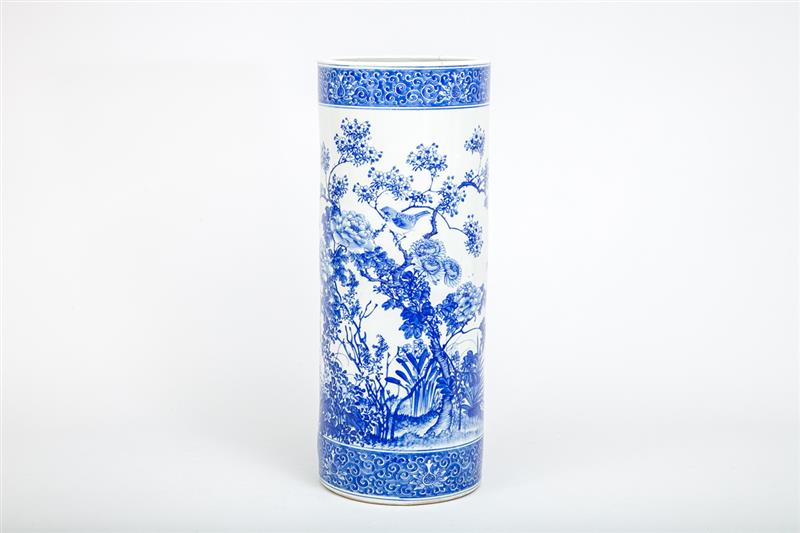 Appraisal: Japanese Aritaware Blue and White Porcelain Umbrella Stand Cracked and