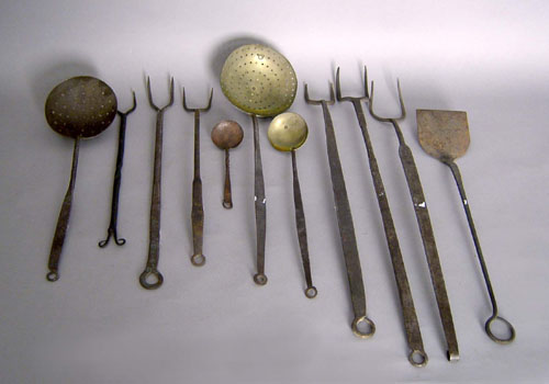 Appraisal: Group wrought iron and brass utensils th c