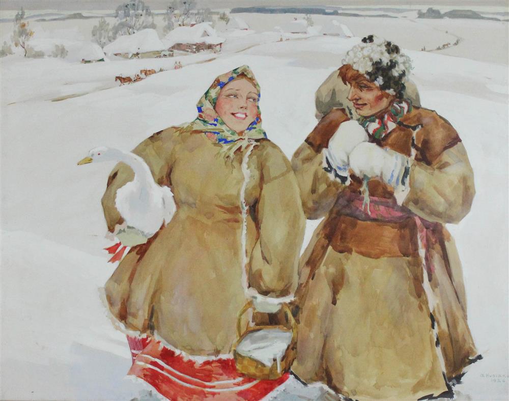 Appraisal: ANDREI HUDIAKOFF RUSSIAN AMERICAN - RUSSIAN PEASANT SNOW SCENE Watercolor