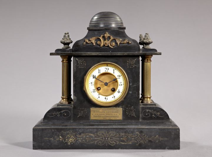 Appraisal: French Brass-Mounted Black Slate Mantel Clock dated of tempieto form