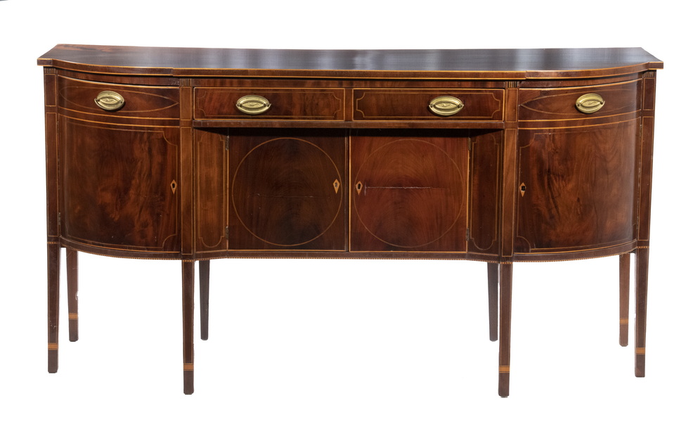 Appraisal: TH C AMERICAN HEPPLEWHITE SIDEBOARD Blocked Bow Front Mahogany Sideboard