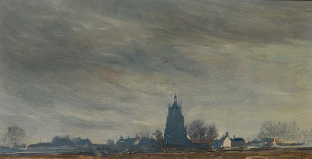 Appraisal: Philip James th Century Village skyline at dusk initialled and