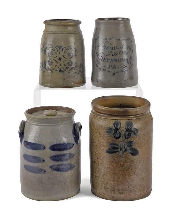 Appraisal: Four Pennsylvania stoneware crocks th c all with cobalt decoration