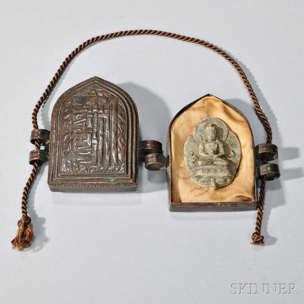 Appraisal: Terracotta Buddha in a Portable Bronze Case Tibet th century