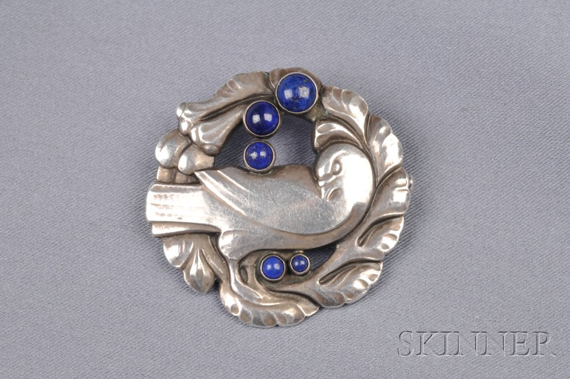 Appraisal: Sterling Silver and Lapis Bird Brooch Georg Jensen designed as