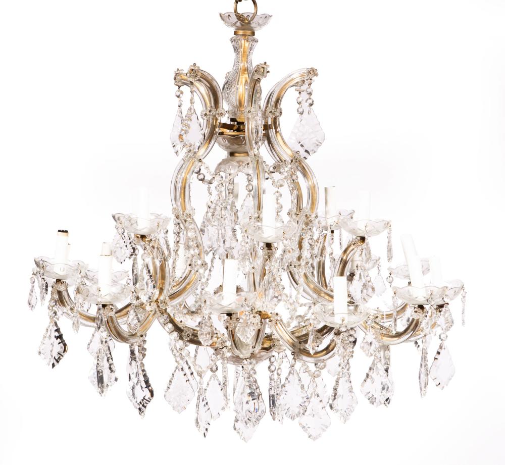 Appraisal: Continental Cut Crystal Eighteen-Light Chandelier th c scroll arms h