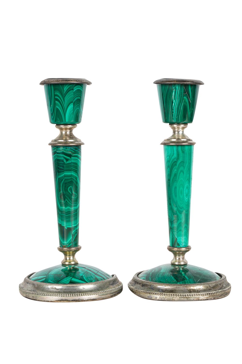 Appraisal: PAIR OF ITALIAN SILVER MALACHITE-VENEERED CANDLESTICKSeach marked Italy and with