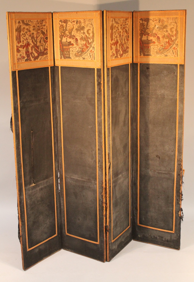 Appraisal: A Chinese four fold screen of part embroidered form set