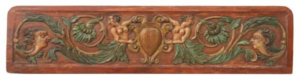 Appraisal: Carved and polychrome painted architectural panel likely the front panel