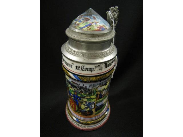 Appraisal: German Regimental Porcelain Stein - Nurnberg elaborate prism top inlay