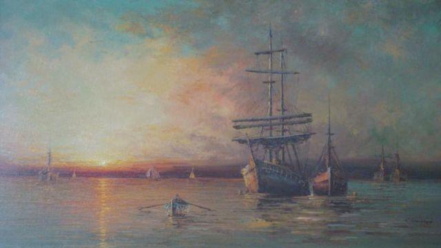 Appraisal: Signed Oil on Canvas Old Sailing Ships at Sunset Signed