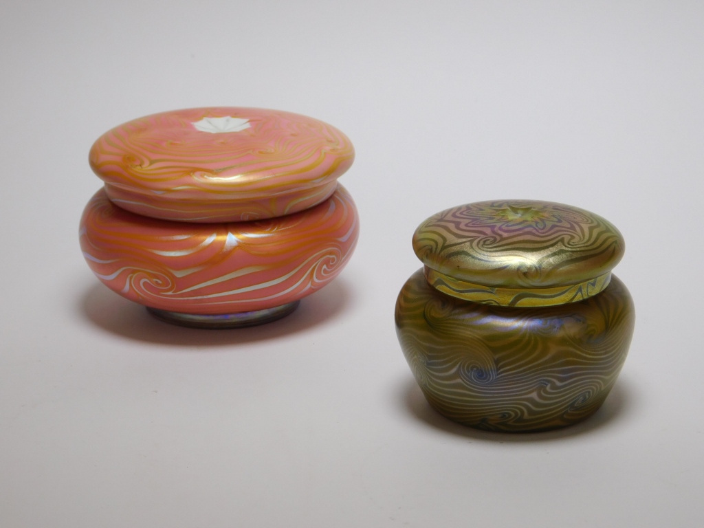 Appraisal: PC AMERICAN IRIDESCENT ART GLASS POWDER JARS United States th