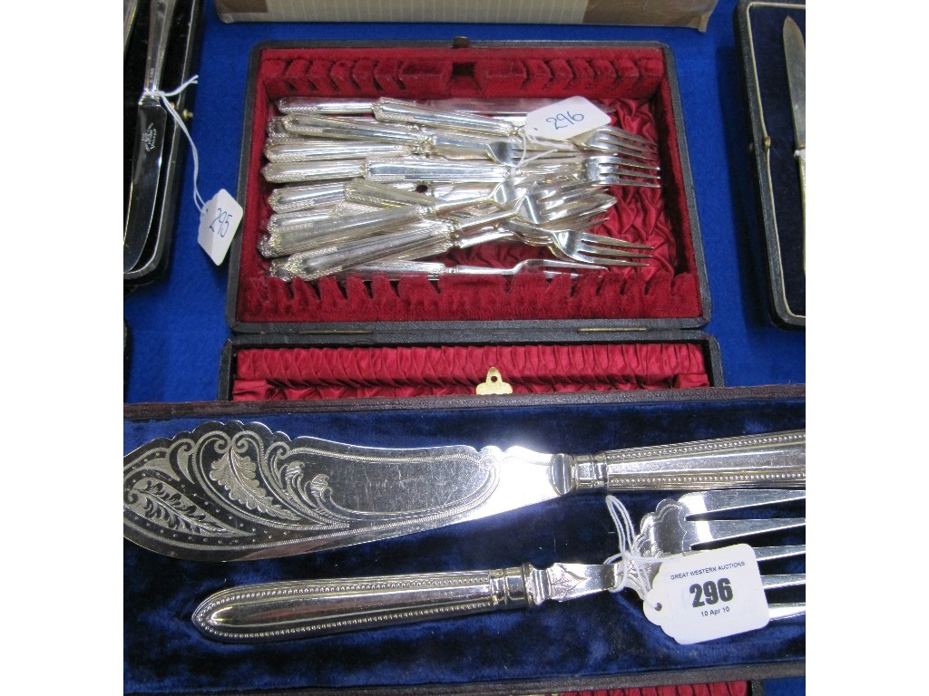 Appraisal: Lot comprising cased set fish servers and a piece fruit