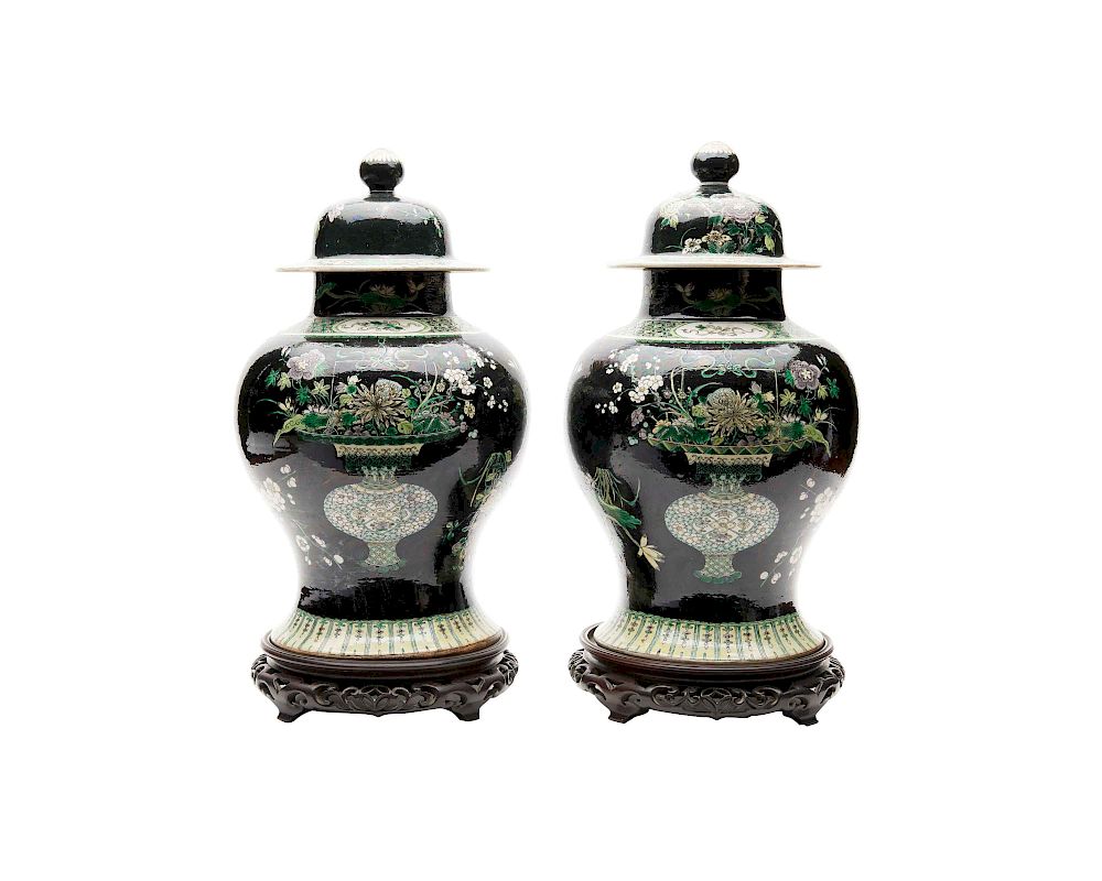 Appraisal: Pair of Chinese Iridescent Famille Noir Covered Baluster Jars Pair