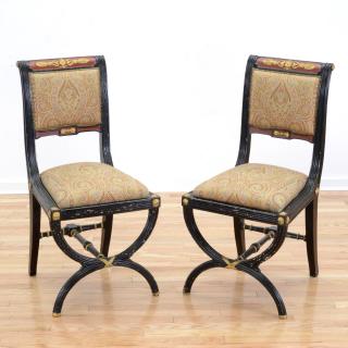 Appraisal: Pair Regency black lacquer curule side chairs Pair Regency black