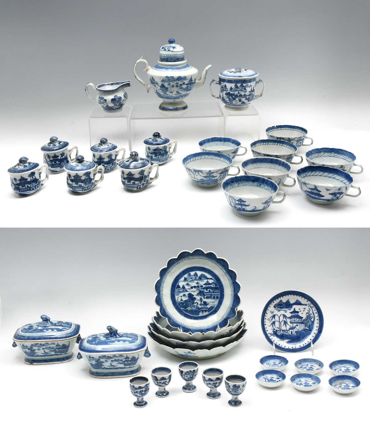 Appraisal: PC CHINESE CANTON BLUE WILLOW PORCELAIN Mostly th century Comprising