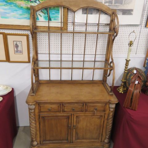 Appraisal: Bakers Rack Cabinet metal top with glass shelves on wooden