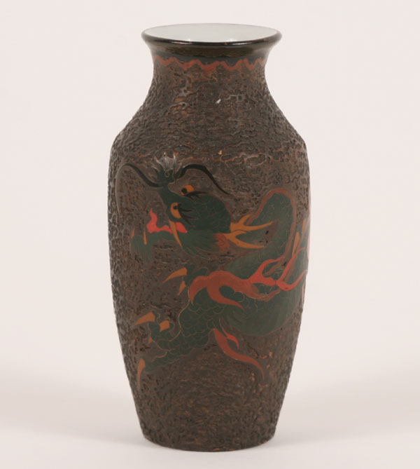 Appraisal: Desirable small tree bark vase with cloisonne green dragon wrapped